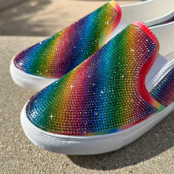 New Rainbow Multi-Color Rhinestone Crystal Fashion Sneakers Low Platform Slip On - Picture 3 of 4